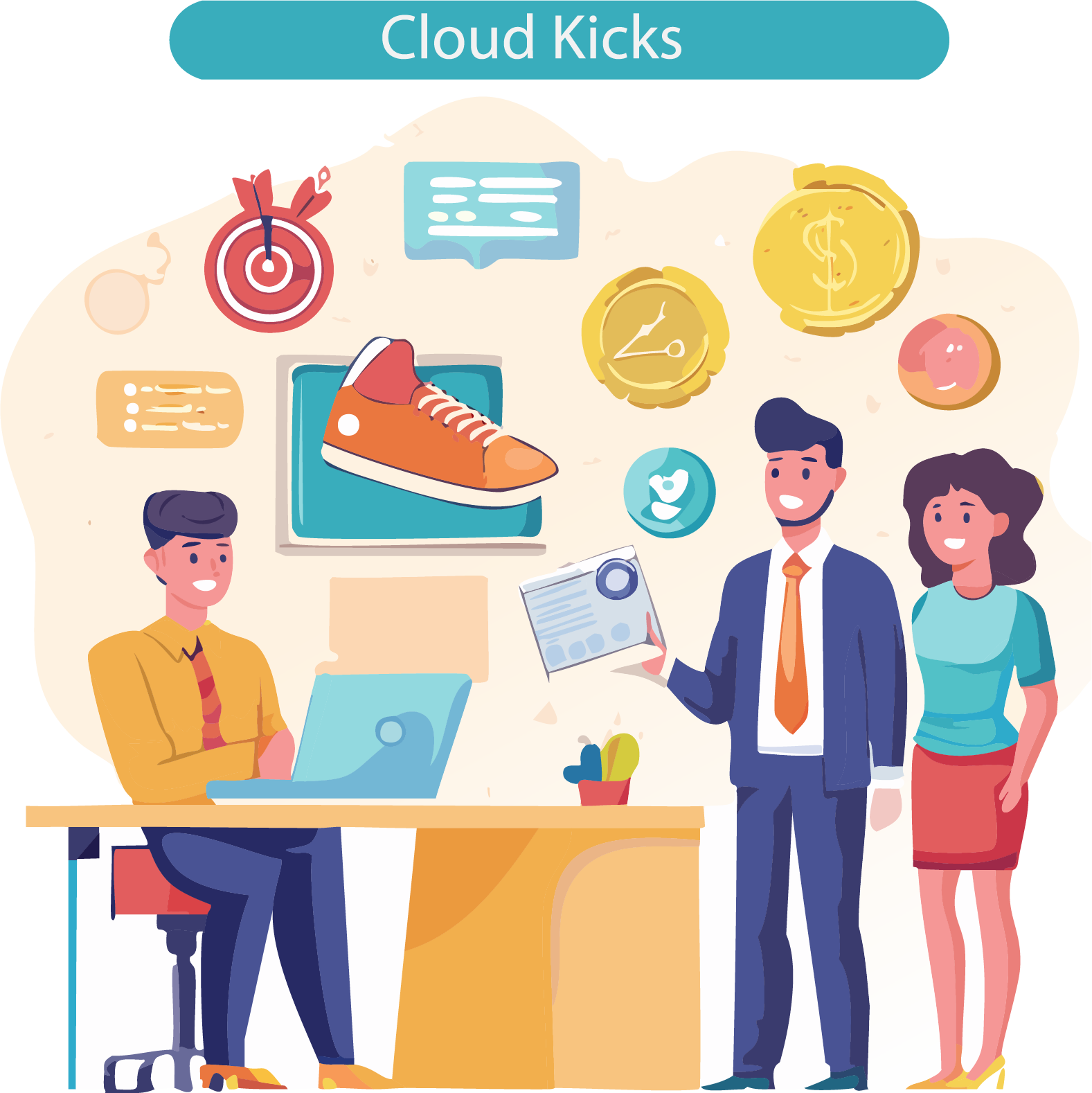 Three people in an office with a floating sneaker, laptop, document, and various business-related icons.