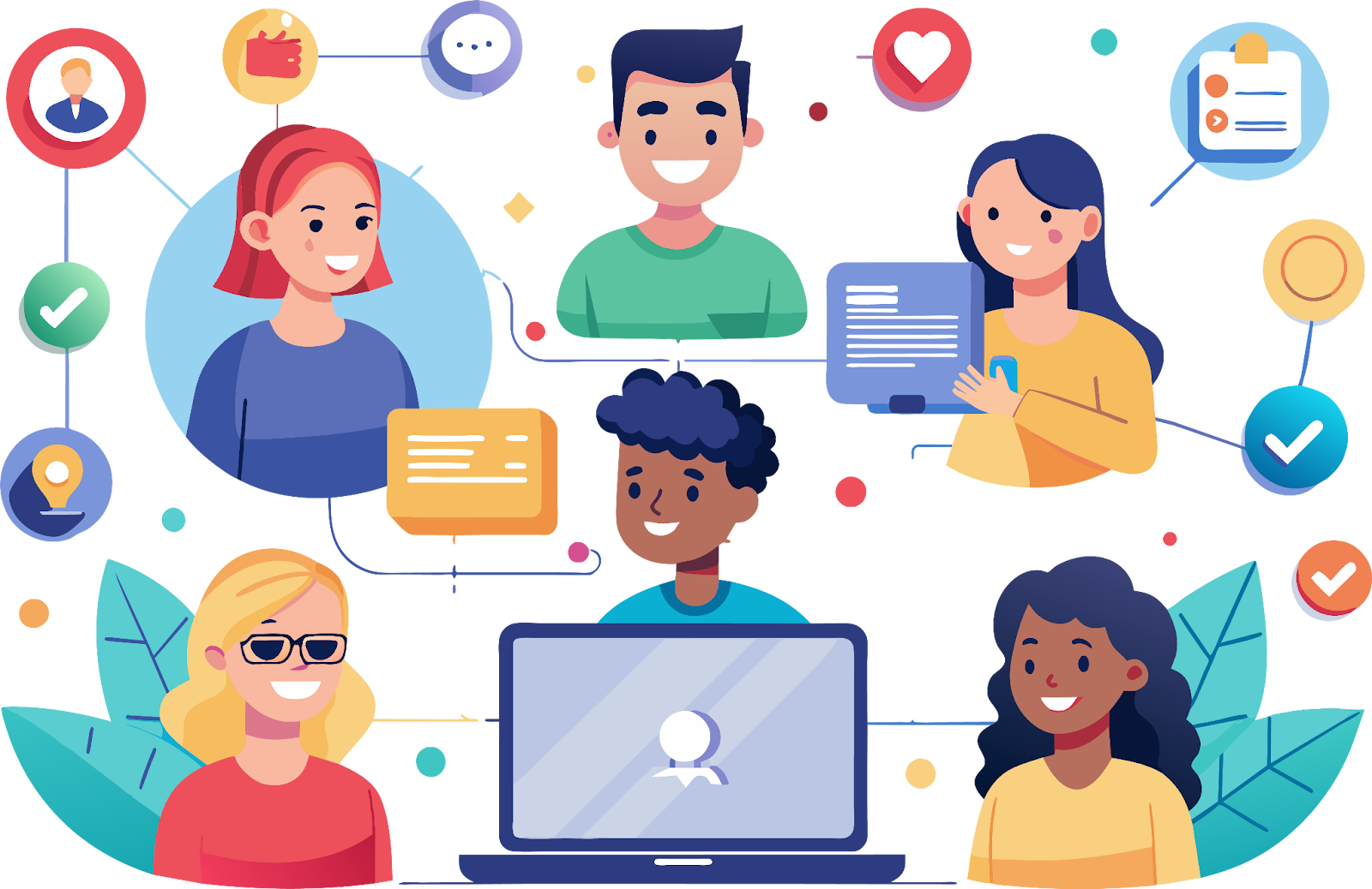 A diverse virtual team collaborating online, connected by icons representing interaction, collaboration, and sharing of ideas.