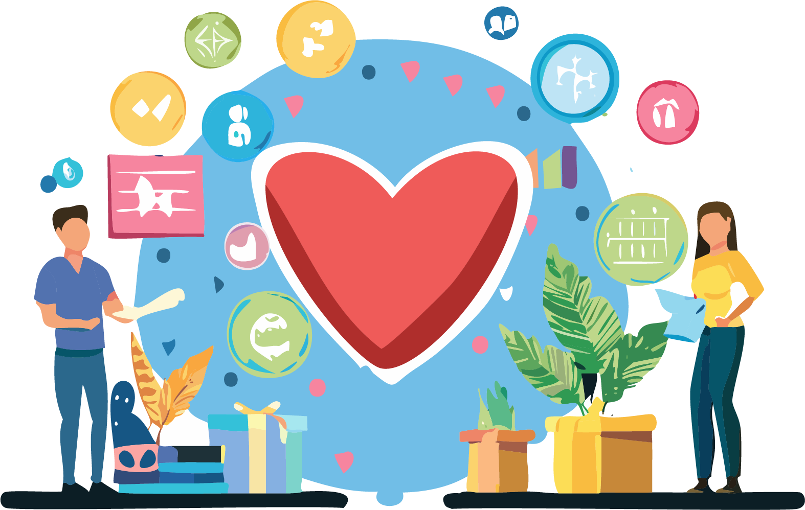 A large red heart at the center, surrounded by various icons and connected to two individuals standing on either side. The icons represent different values or concepts, suggesting the importance of values in relationships or exchanges.