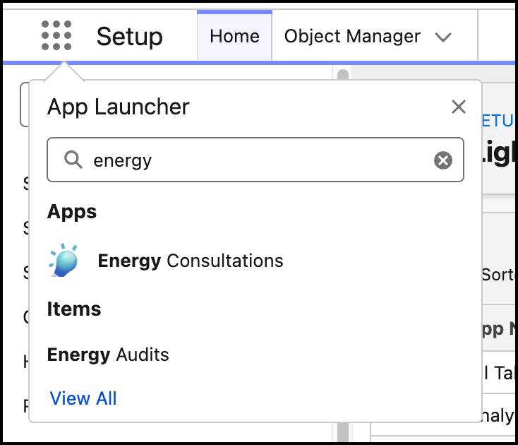 앱 시작 관리자에서 Energy Consultations(에너지 자문) 찾기