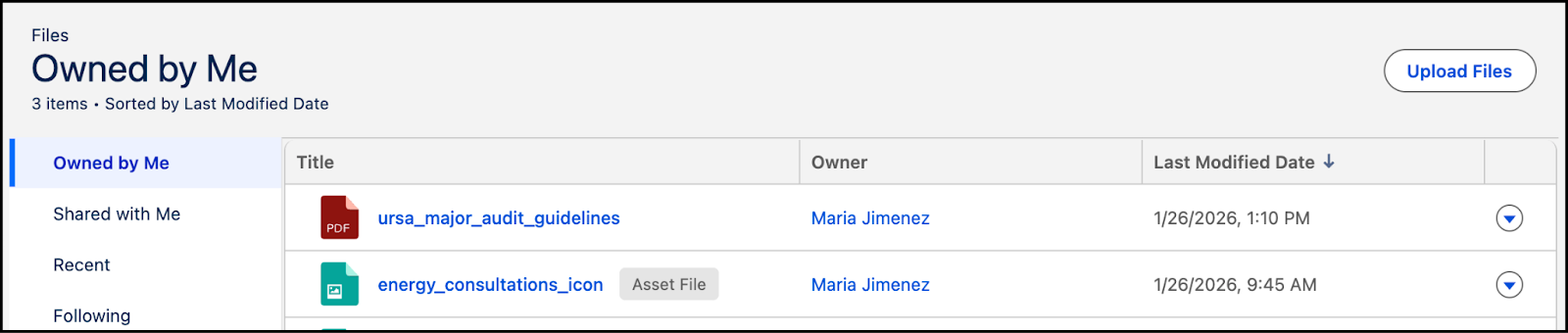 Vue Files list (Liste de fichiers)