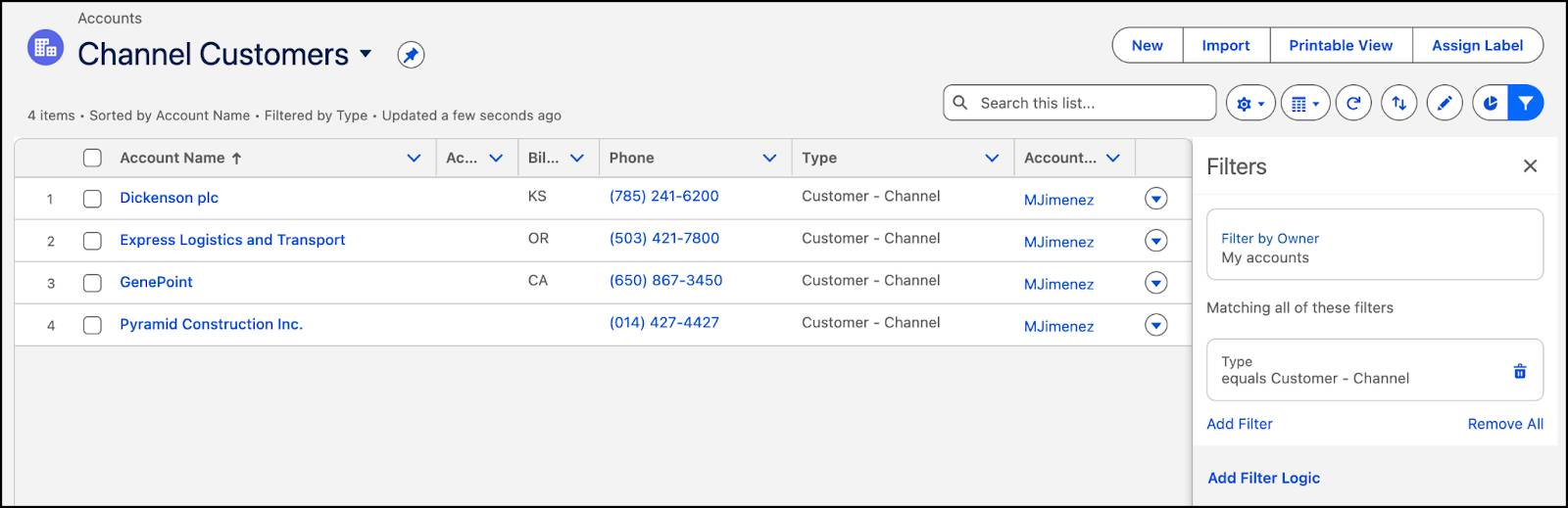Channel customers list view