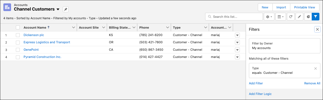 Vista de lista de clientes de canal