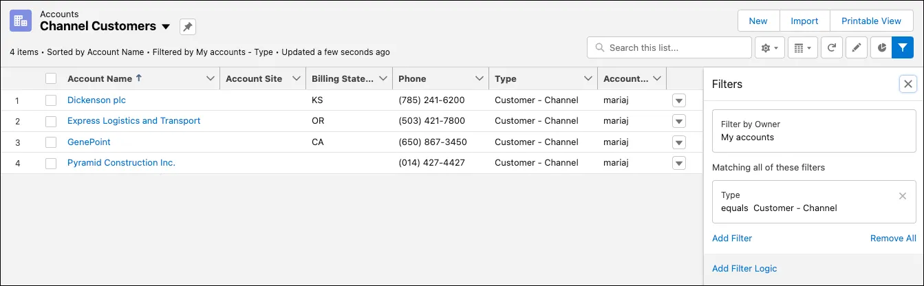 Modo de exibição de lista de clientes do canal