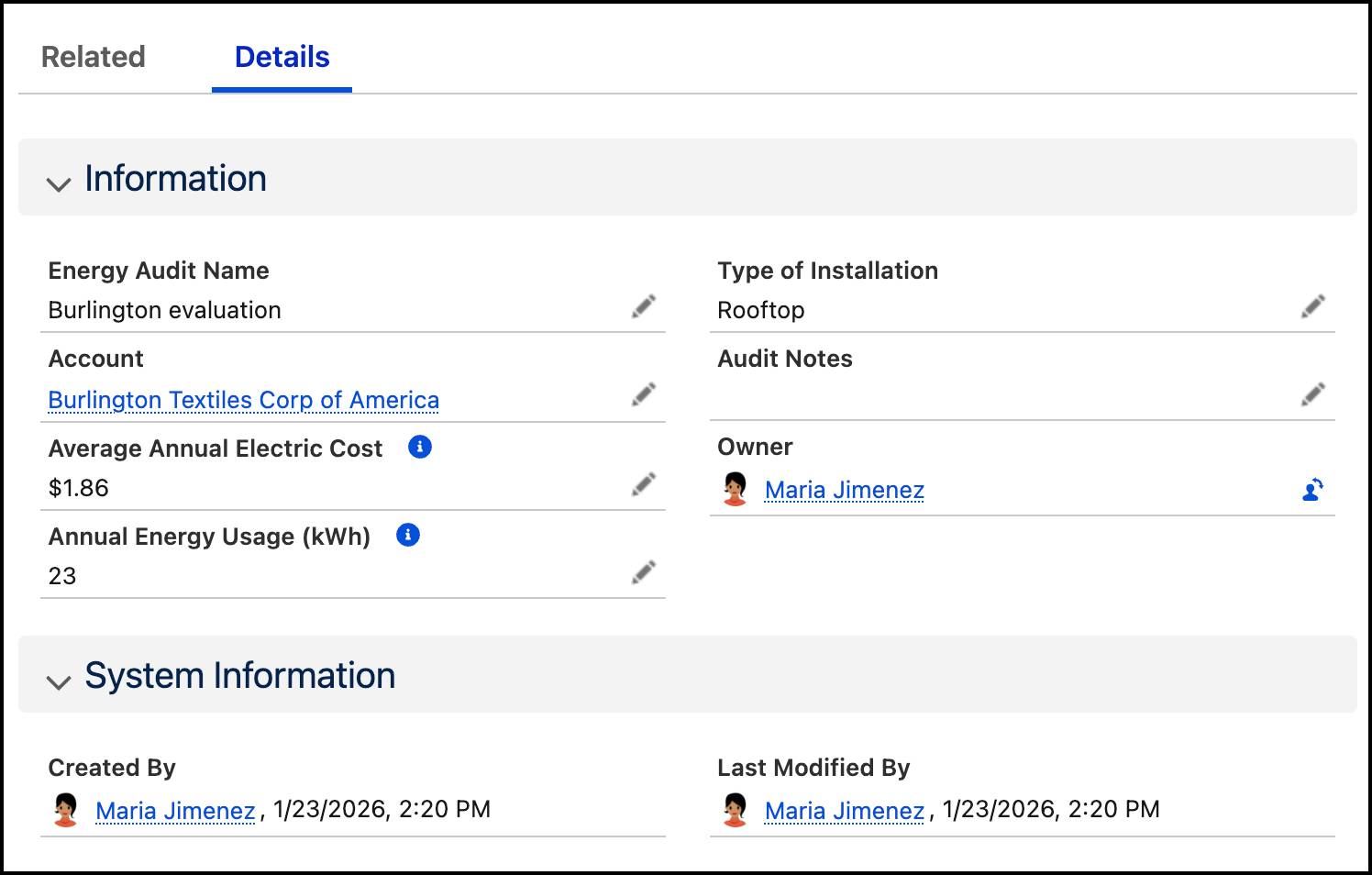 Details tab with new organization of fields