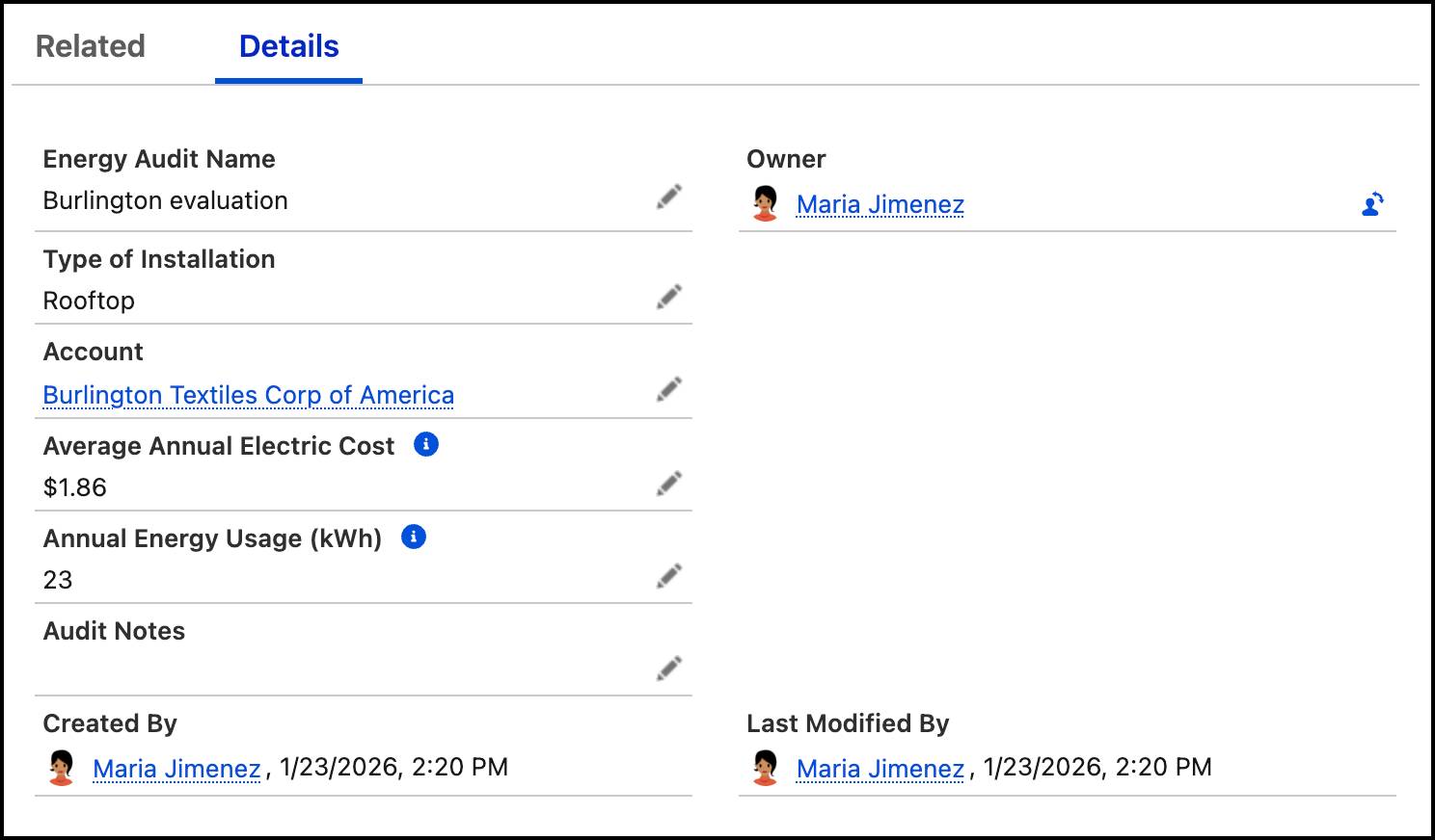 Details tab with original organization of fields