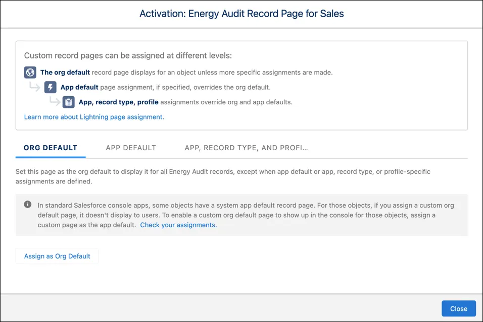 The Activation: energy Audit Record Page for Sales has three options: Org Default, App Default, and App, Record, Type and Profile.