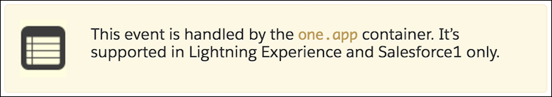 このイベントは、one.app コンテナによって処理されます。Lightning Experience および Salesforce アプリケーションでのみサポートされています。