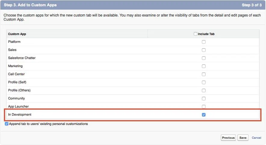 Add tab to In Development app