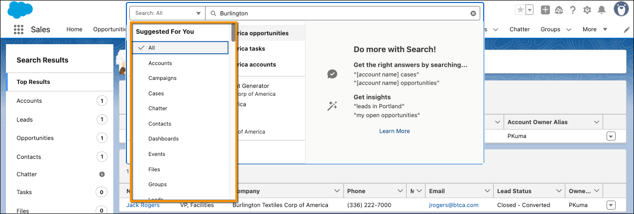 Search All dropdown window showing objects to narrow your search.