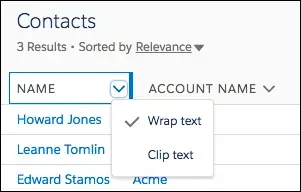 Column header with arrow clicked to show Wrap text and Clip text options