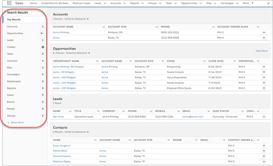 Page Top Results (Principaux résultats)