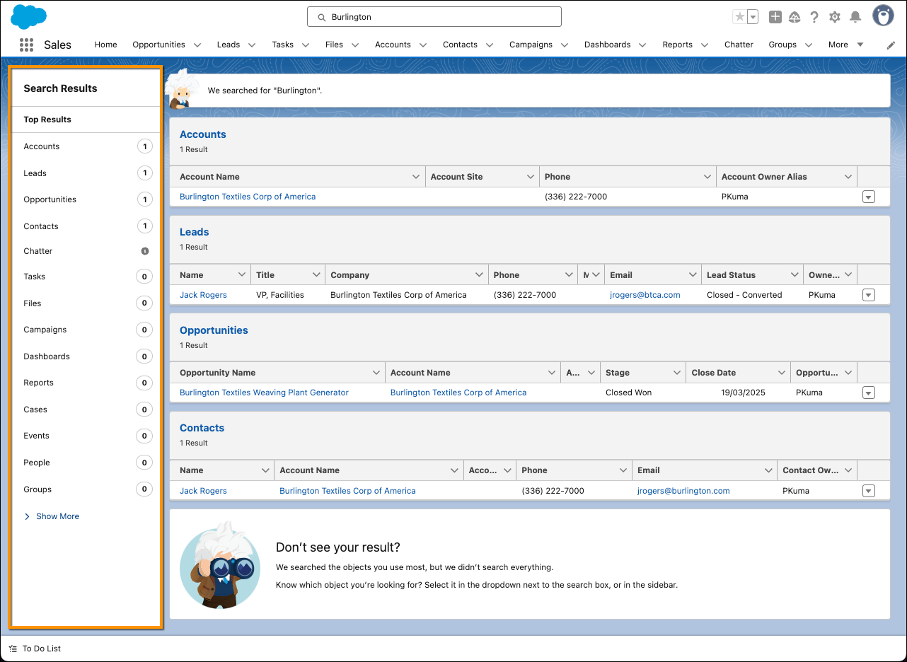Painel lateral Search results (Resultados da pesquisa).
