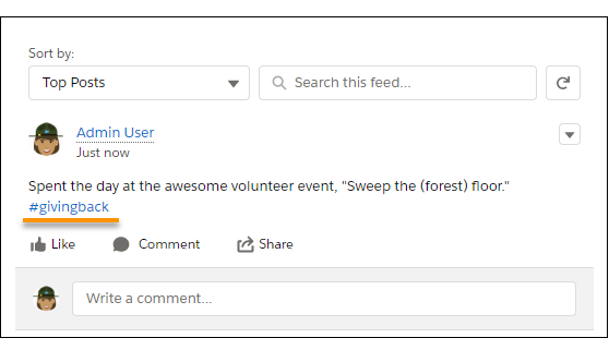 The #givingback tag in a Chatter post