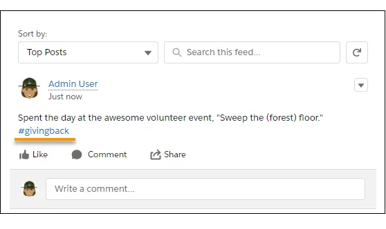 Das Tag #givingback in einem Chatter-Post