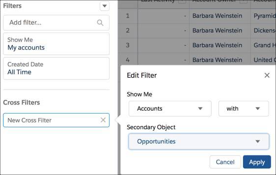 Settings to create a cross filter.