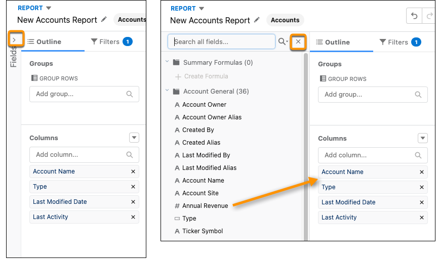 Fields tab collapsed and expanded, showing how to drag a field to add it as a column.