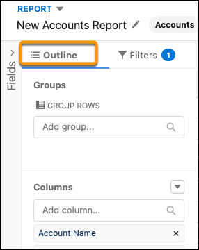 Outline tab in the report builder.