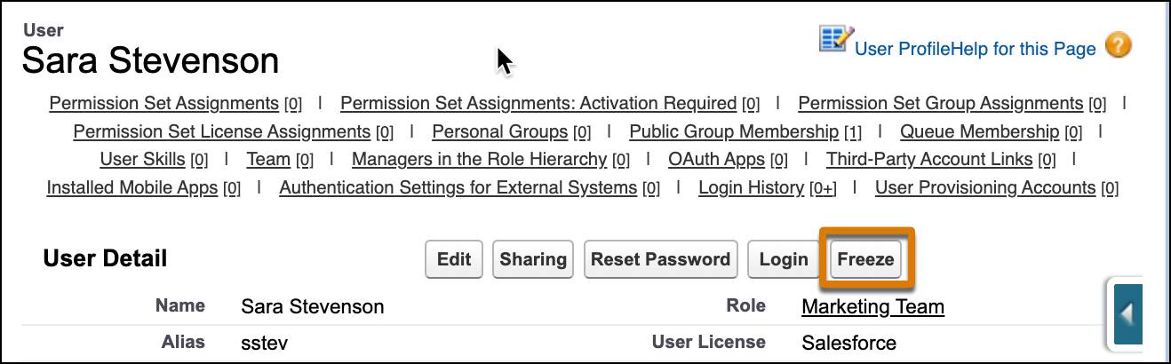 User record screen with a callout on the Freeze button.