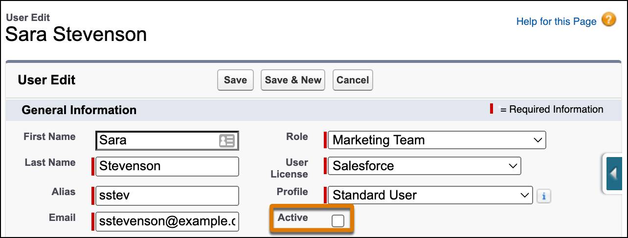 Schermata User Edit (Modifica utente) in cui è evidenziata la casella di controllo Active (Attivo) disattivata.