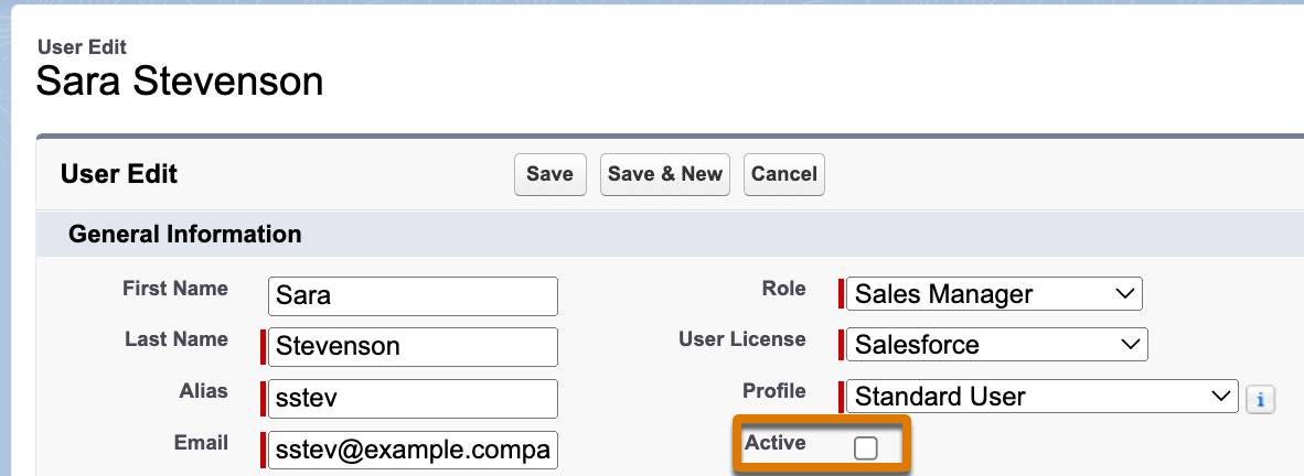 Schermata User Edit (Modifica utente) in cui è evidenziata la casella di controllo Active (Attivo) disattivata.