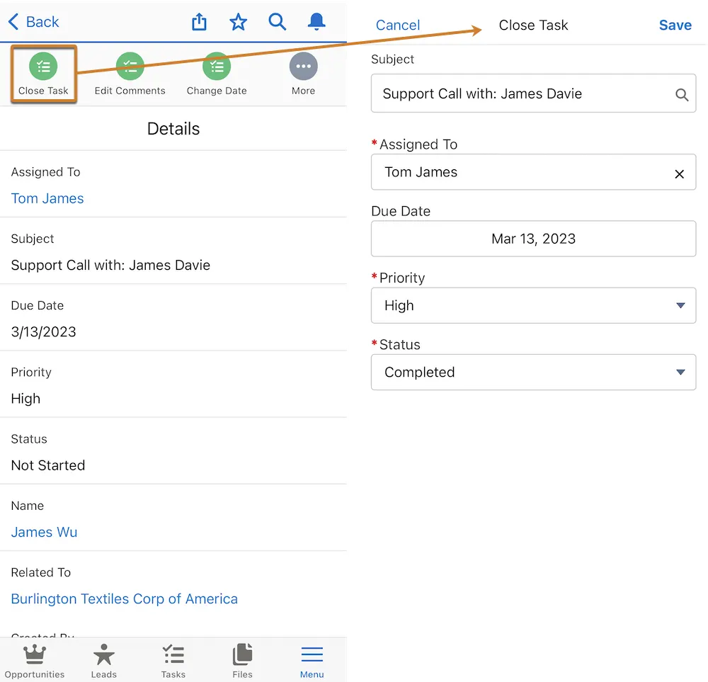 Aktion 'Close Task (Aufgabe abschließen)' in der mobilen Salesforce-Anwendung.