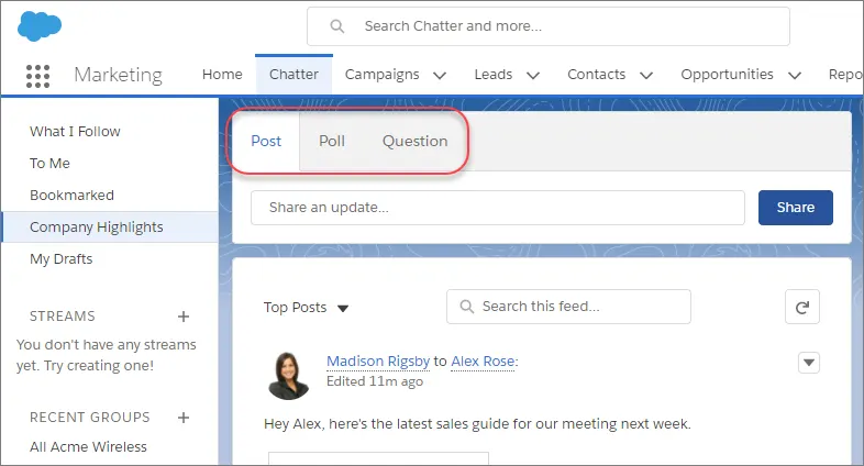 Actions dans la page Chatter