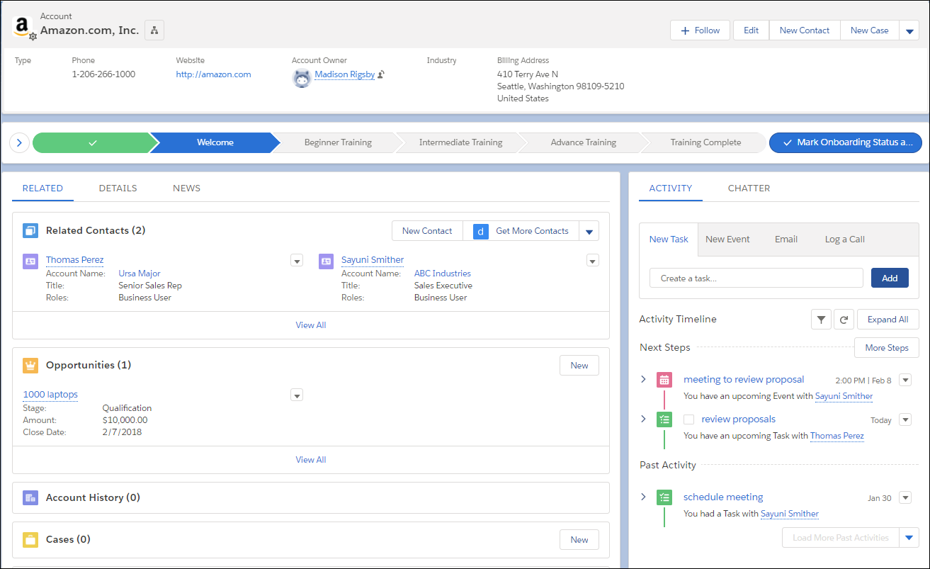 Registro de contacto de muestra en Lightning Experience
