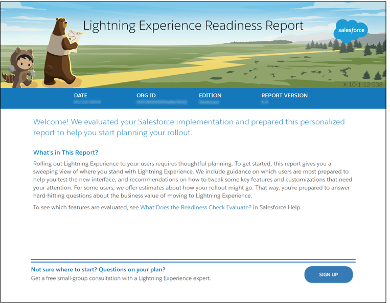 Image of the first page of the Lightning Experience Readiness Report