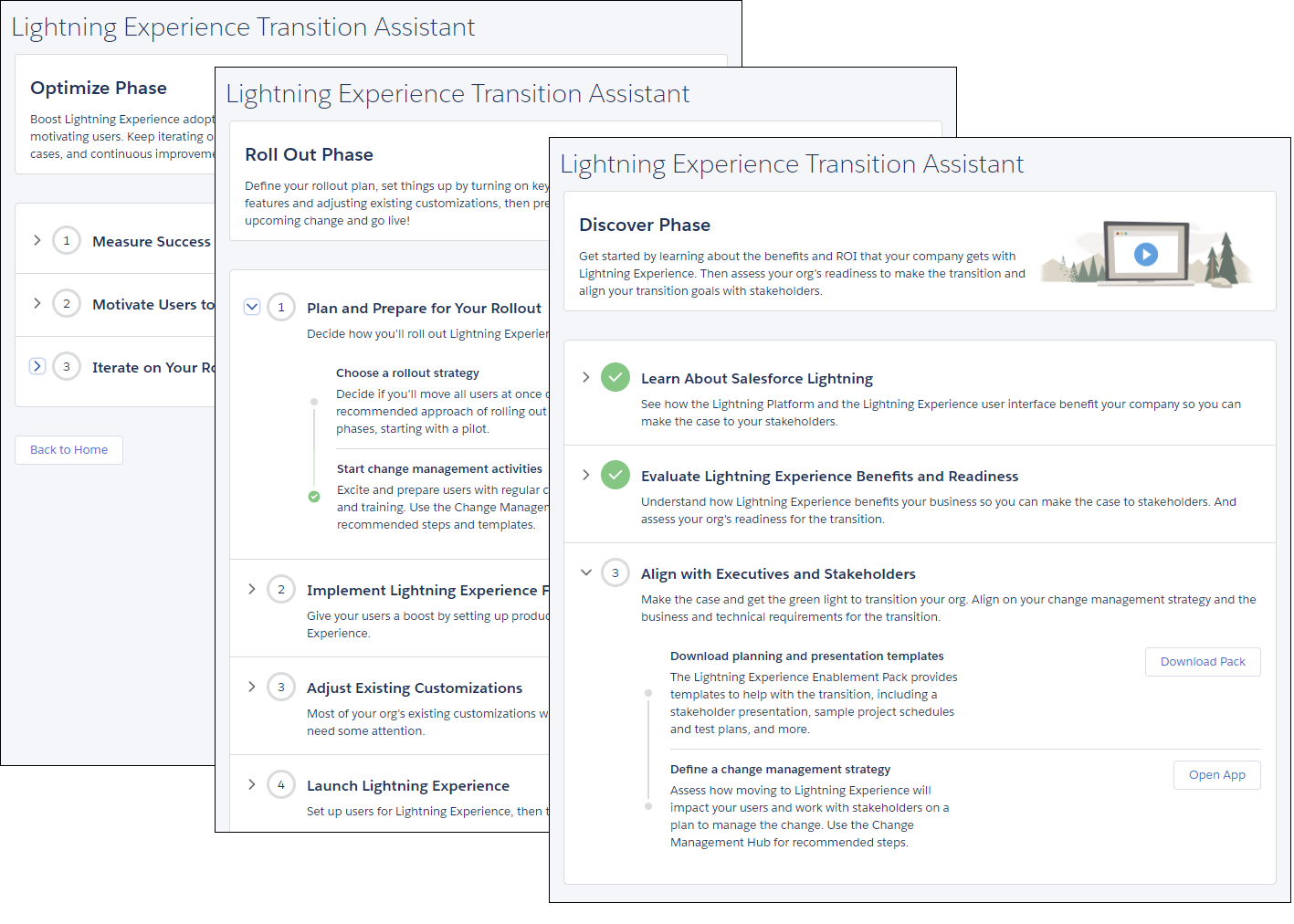 Captura de pantalla de las páginas de las fases Discover (Descubrir), Roll Out (Implementar) y Optimize (Optimizar) en el Asistente de transición de Lightning Experience