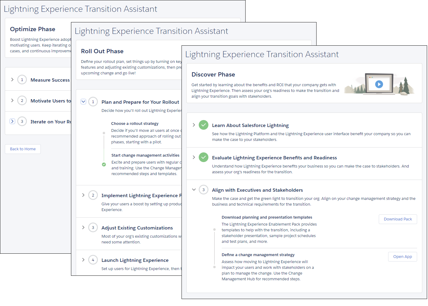 Captura de pantalla de las páginas de fases Descubrir, Implantar y Optimizar en el Asistente de transición de Lightning Experience