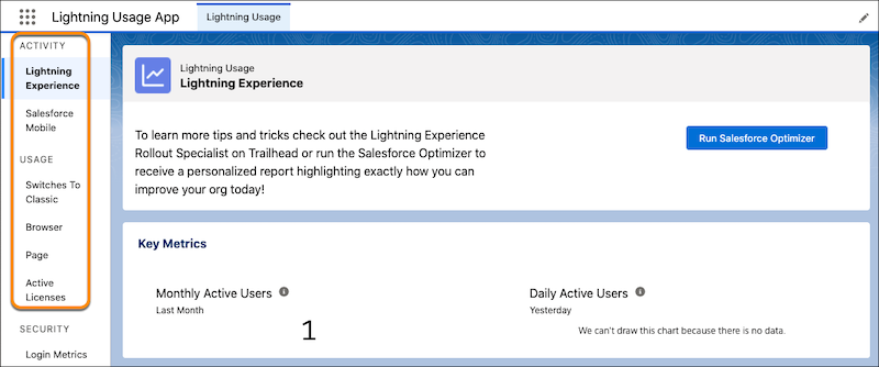 Lightning Usage App user interface with Lightning Experience tab selected