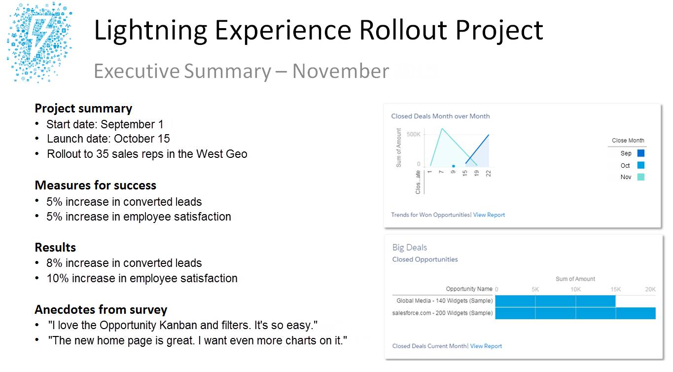 Un resumen ejecutivo de ejemplo de una estrategia de implementación de Lightning Experience.