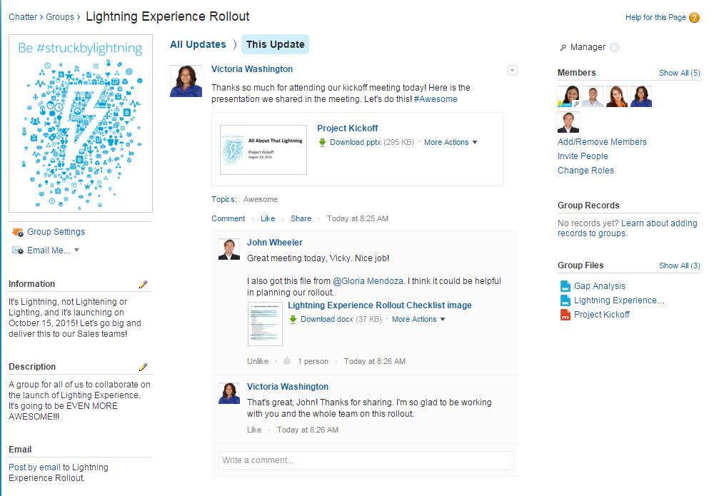 Un grupo de Chatter para el equipo de implementación de Lightning Experience.