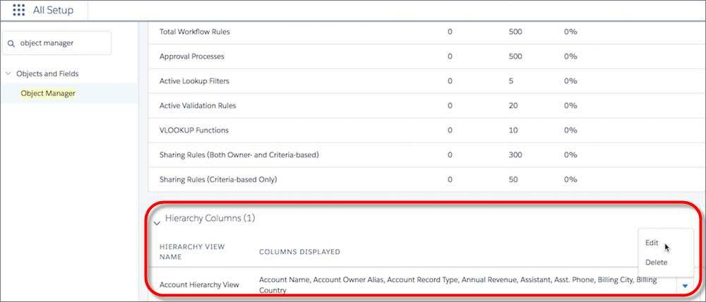 Customize hierarchy columns for account hierarchies