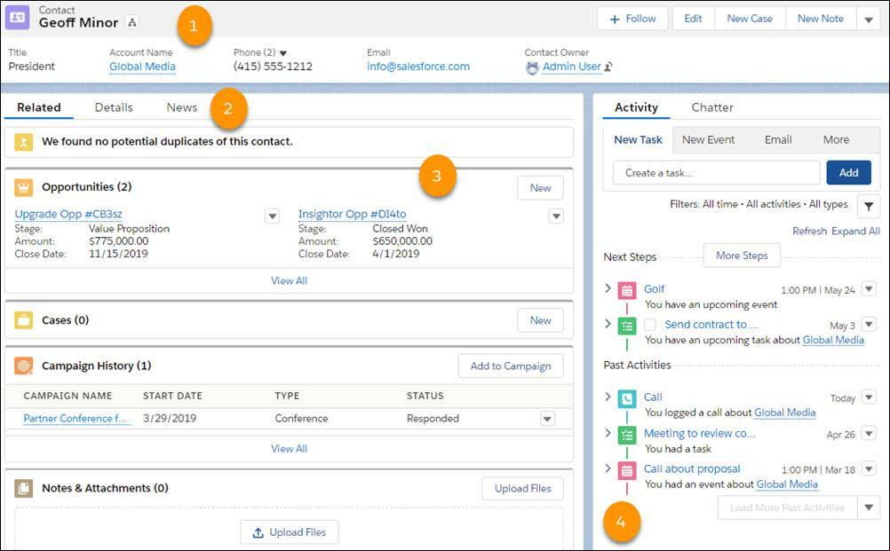 Ejemplo de un registro de contacto en Lightning Experience, con cuatro llamadas que indican funciones específicas: el panel de aspectos destacados; la ficha News (Noticias); las listas relacionadas Opportunities (Oportunidades), Cases (Casos) y Campaign History (Historial de campañas); y la cronología Activity (Actividad). Las cuatro llamadas se explican detalladamente después del gráfico.