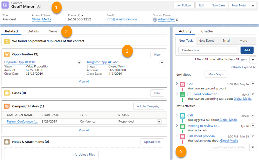 Exemple d'enregistrement de contact dans Lightning Experience