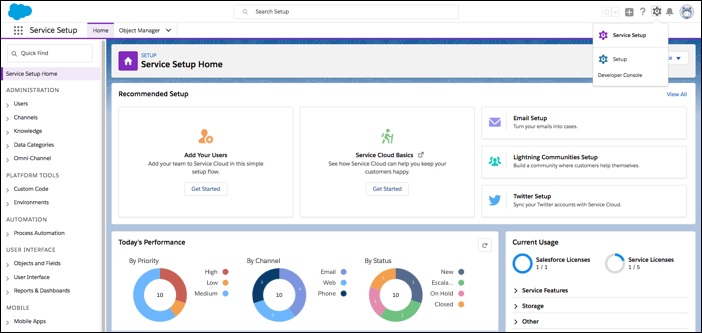 Página principal de configuración de servicio