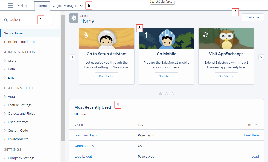 Accueil de la Configuration dans Lightning Experience