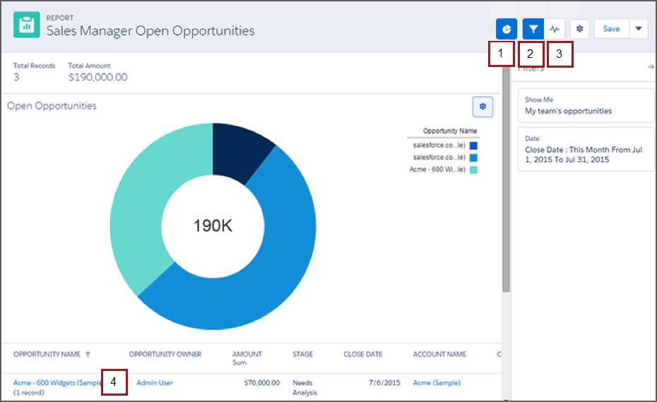 Report with the chart view and filter panel open