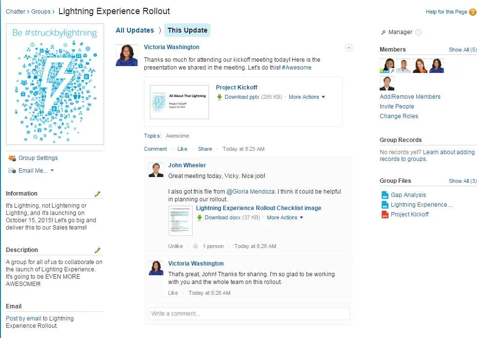 Groupes, mises à jour et conversations dans Chatter. 