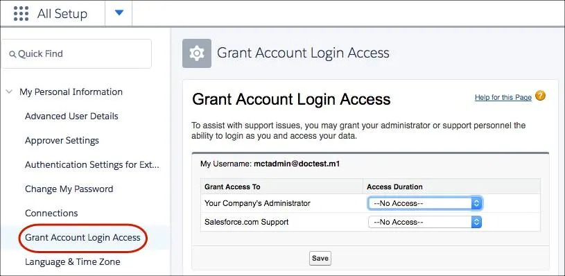 Impostazioni Grant account login access (Concedi accesso account).