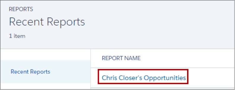 Lista Reportes recientes, que muestra un reporte denominado Oportunidades de Chris Closer.