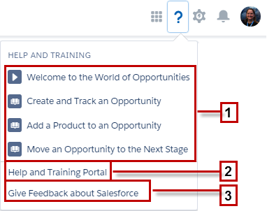 특정 페이지에 대한 Salesforce 도움말을 표시하는 도움말 메뉴입니다.