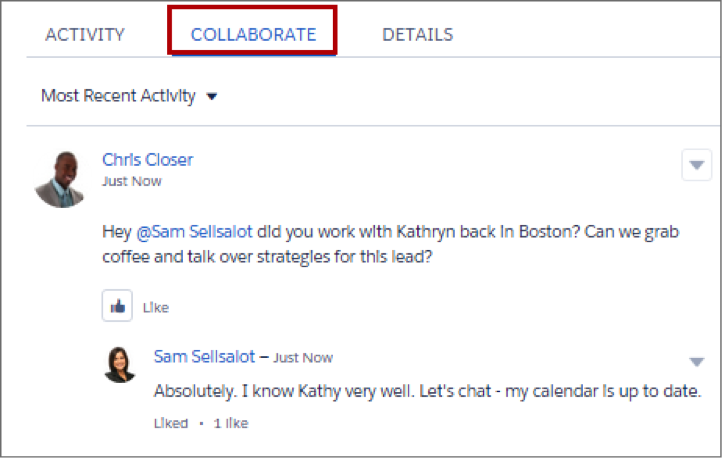 Collaborate tab, showing Chatter posts between colleagues.