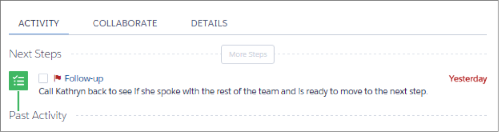 Activity tab, showing an overdue follow-up task on the activity timeline.