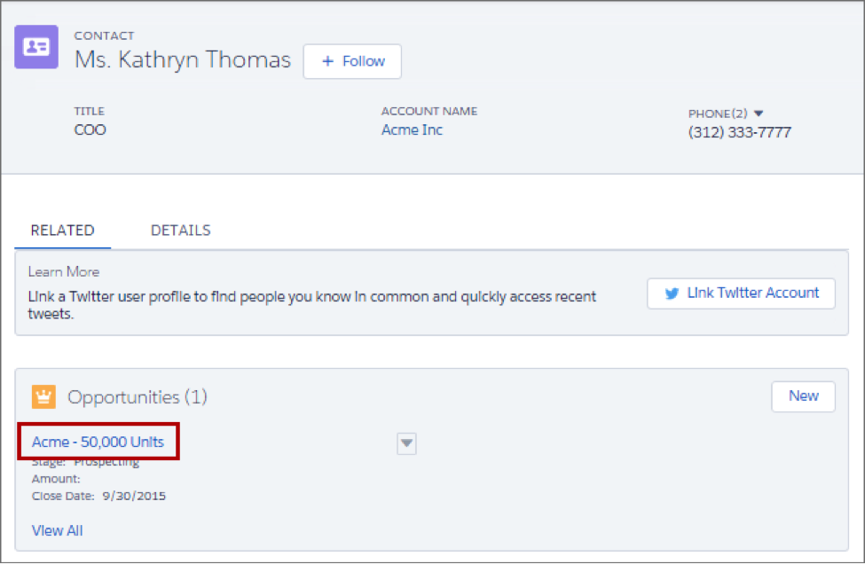 The Related tab on a contact, showing a related opportunity for Acme - 50,000 Units.