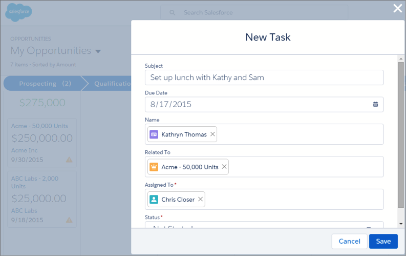New Task composer, adding the Subject "Set up lunch with Kathy and Sam", and related to the opportunity Acme - 50,000 Units.