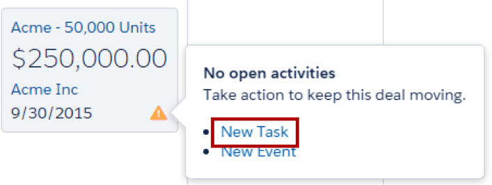 Hovering over the alert icon, showing options to create a new task or new event.