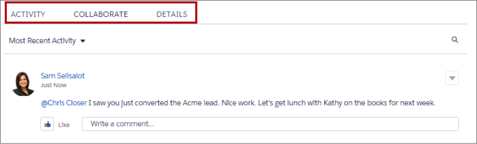 Registerkarten 'Aktivität', 'Zusammenarbeiten' und 'Details' für eine Opportunity.
